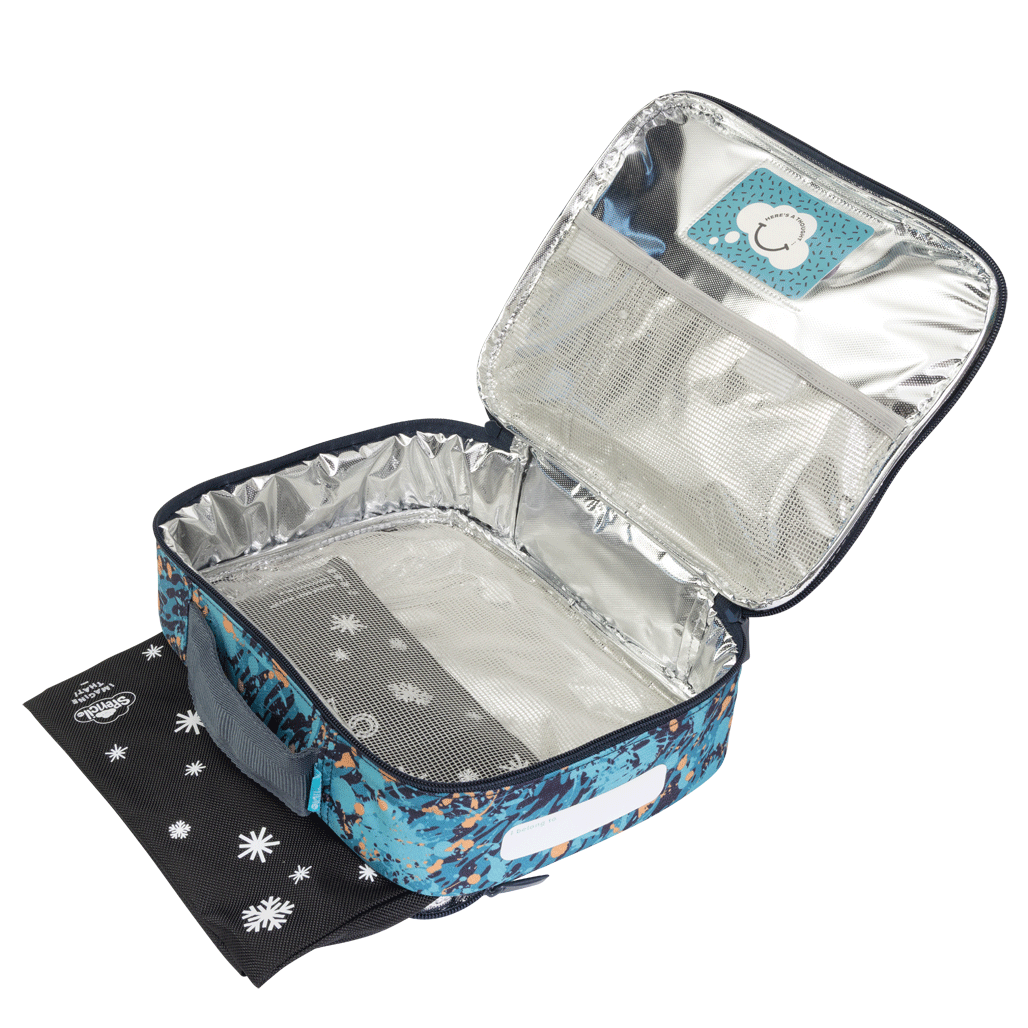 Spencil Moto Camo Trax Big Cooler Lunch Bag unzipped to show the silver insulated lining, with the Big Chill Pack in its black snowflake cover at the base