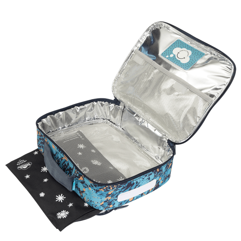 Spencil Moto Camo Trax Big Cooler Lunch Bag unzipped to show the silver insulated lining, with the Big Chill Pack in its black snowflake cover at the base
