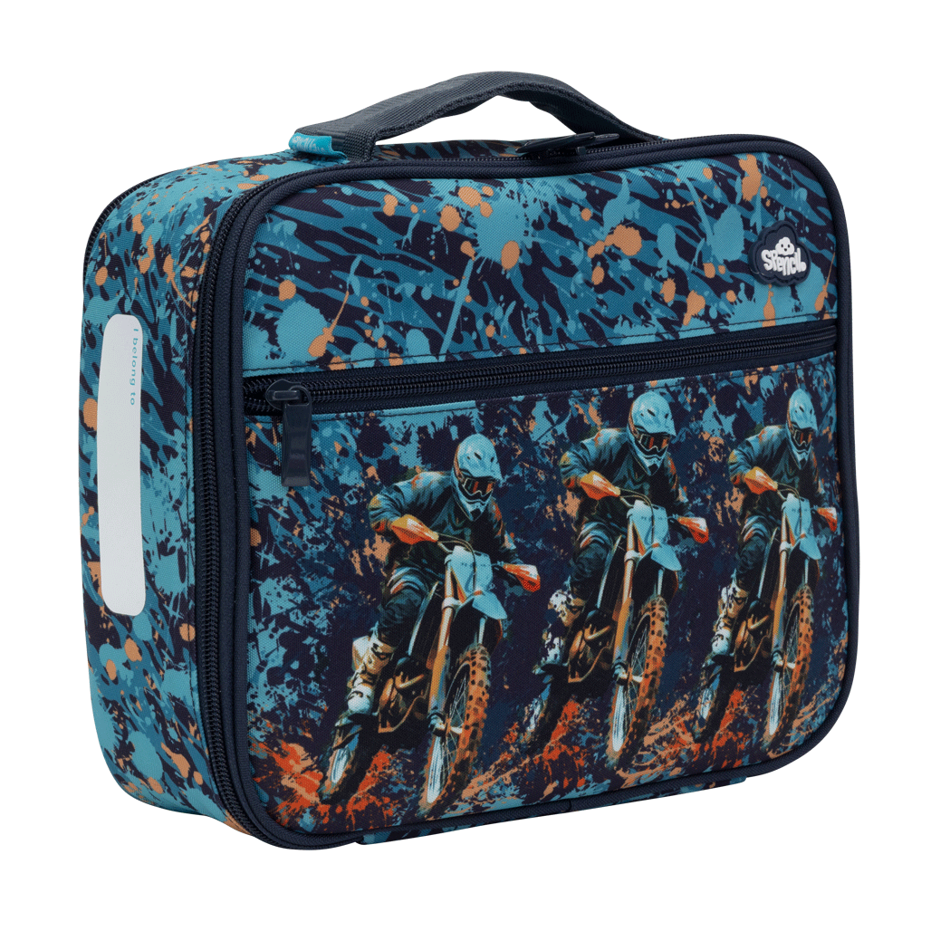 Angled side view of the Spencil Moto Camo Trax Big Cooler Lunch Bag showing the clear name card pocket on the side panel