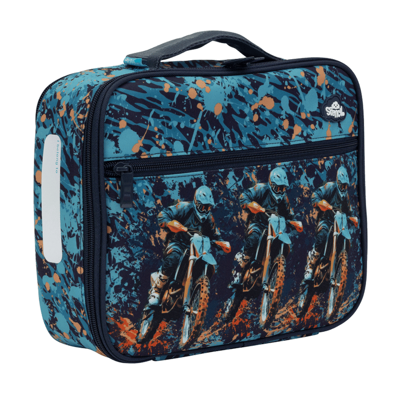 Angled side view of the Spencil Moto Camo Trax Big Cooler Lunch Bag showing the clear name card pocket on the side panel