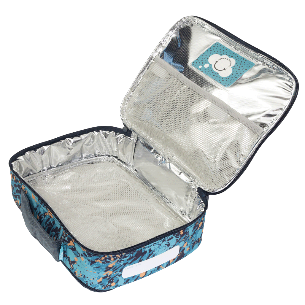 Spencil Moto Camo Trax Big Cooler Lunch Bag opened flat to show the silver insulated lining and the mesh pocket inside the lid