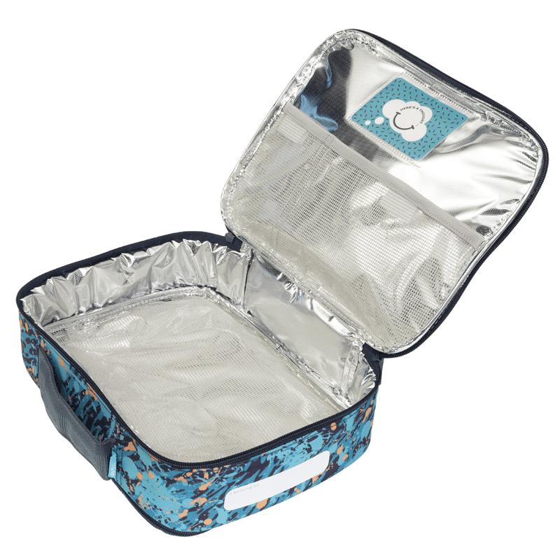 Spencil Moto Camo Trax Big Cooler Lunch Bag opened flat to show the silver insulated lining and the mesh pocket inside the lid