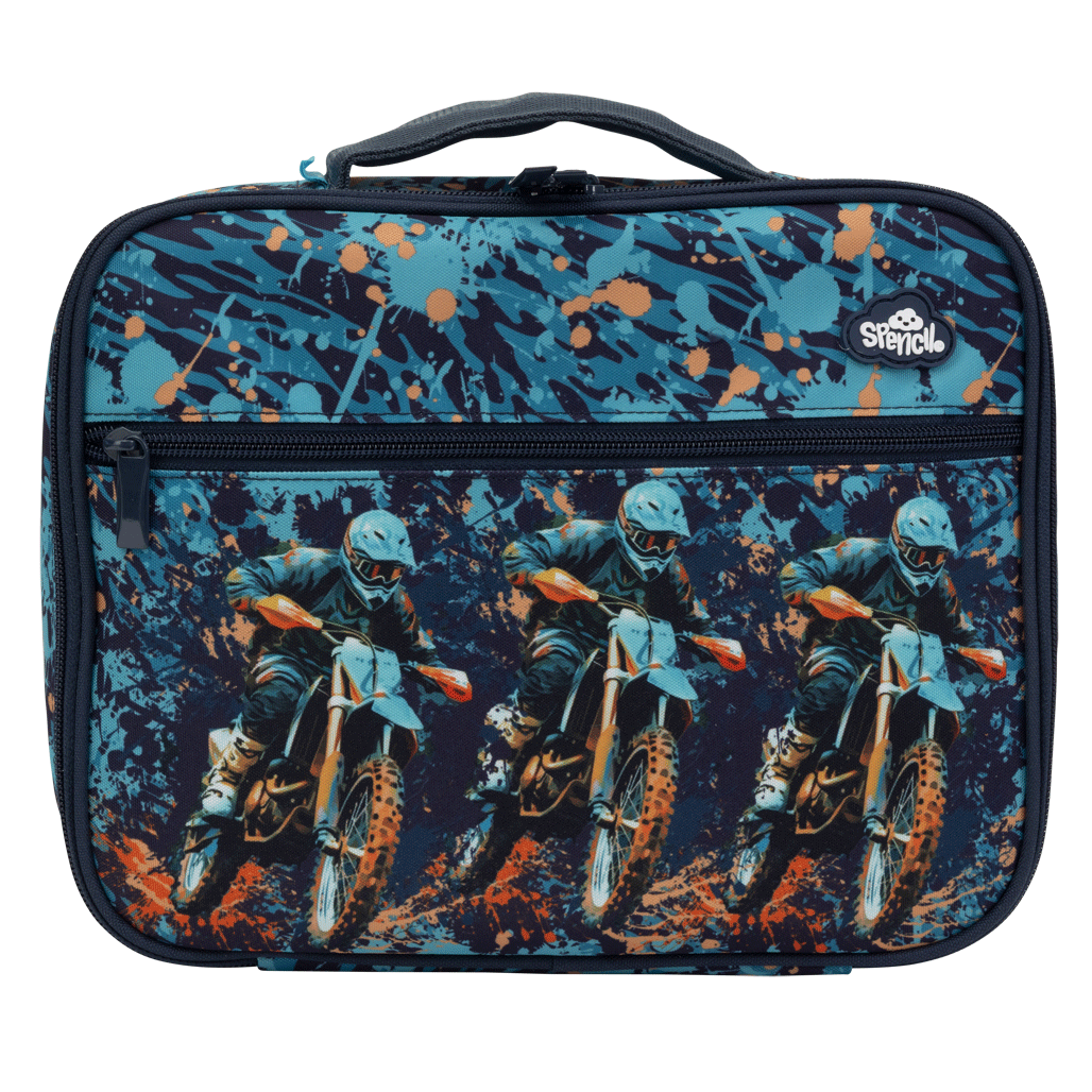 Front view of the Spencil Moto Camo Trax Big Cooler Lunch Bag showing the zipped front pocket and the three motocross riders on dirt bikes racing over a teal, navy and orange splatter-camo background