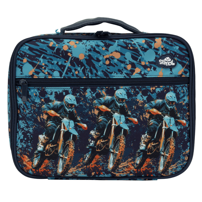 Front view of the Spencil Moto Camo Trax Big Cooler Lunch Bag showing the zipped front pocket and the three motocross riders on dirt bikes racing over a teal, navy and orange splatter-camo background