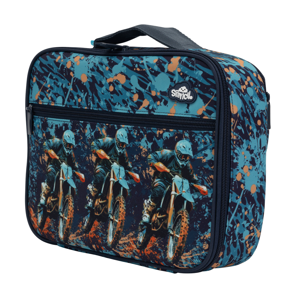 Angled view of the Spencil Moto Camo Trax Big Cooler Lunch Bag with its padded navy handle and zipped front pocket
