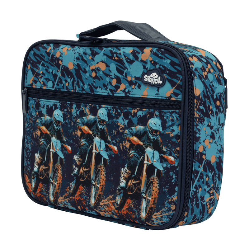 Angled view of the Spencil Moto Camo Trax Big Cooler Lunch Bag with its padded navy handle and zipped front pocket