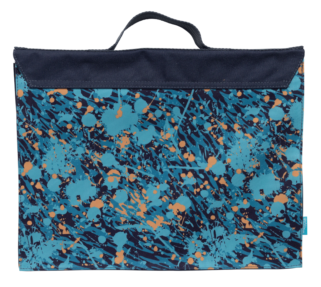 Back of the Spencil Moto Camo Trax library bag with the motocross camo print running across the panel beneath the plain fold-over flap and top handle