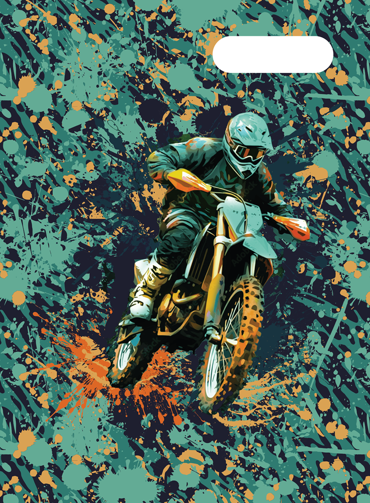 Spencil Moto Camo Trax Scrapbook Cover Pack of 6: front artwork, motocross rider charging through green and orange camo splatter, with white name and subject label cut-out