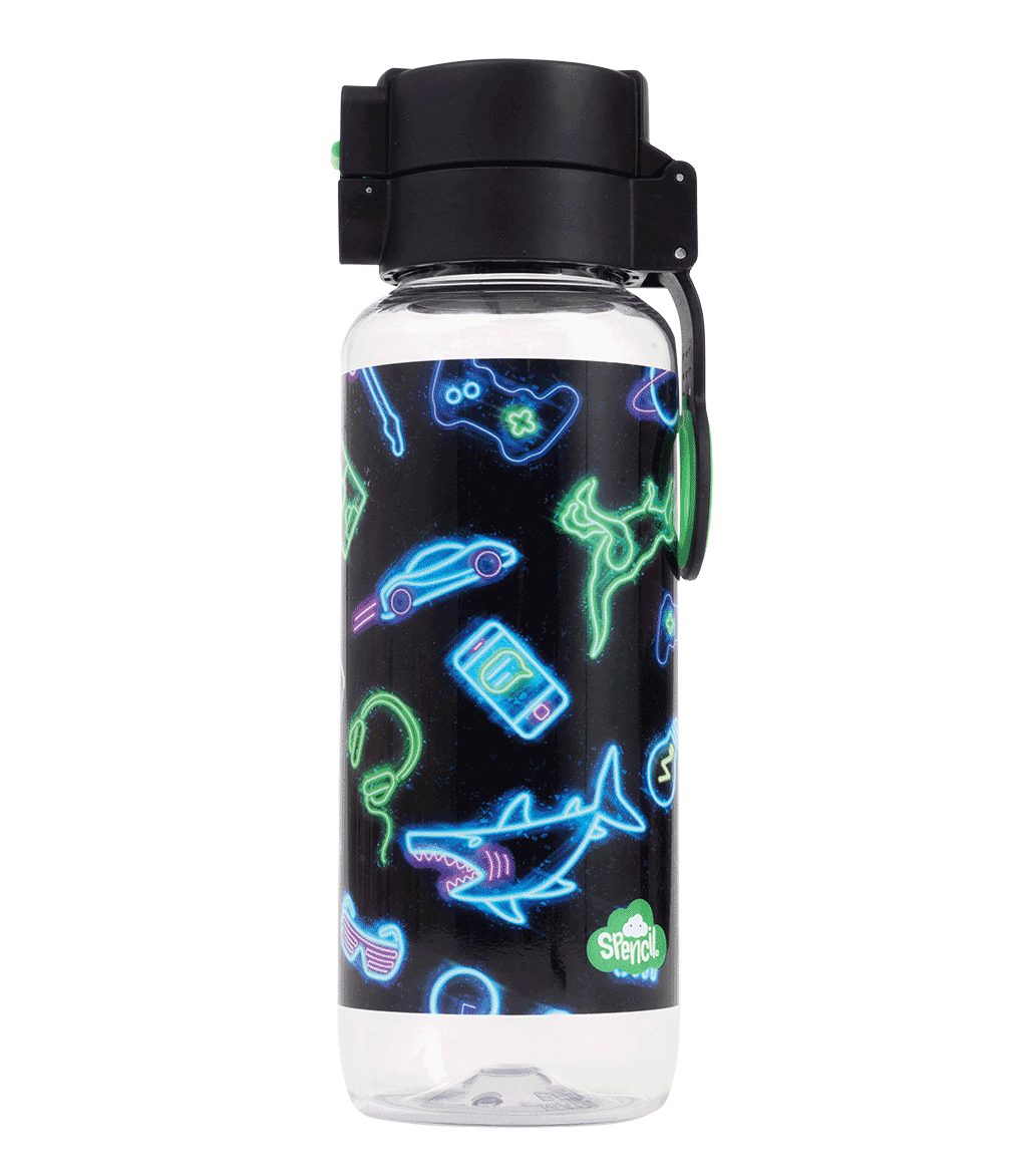 Spencil Neon Life Big Water Bottle 650ml, front view with the lid closed, neon sharks, game controllers and aliens on black, black lid