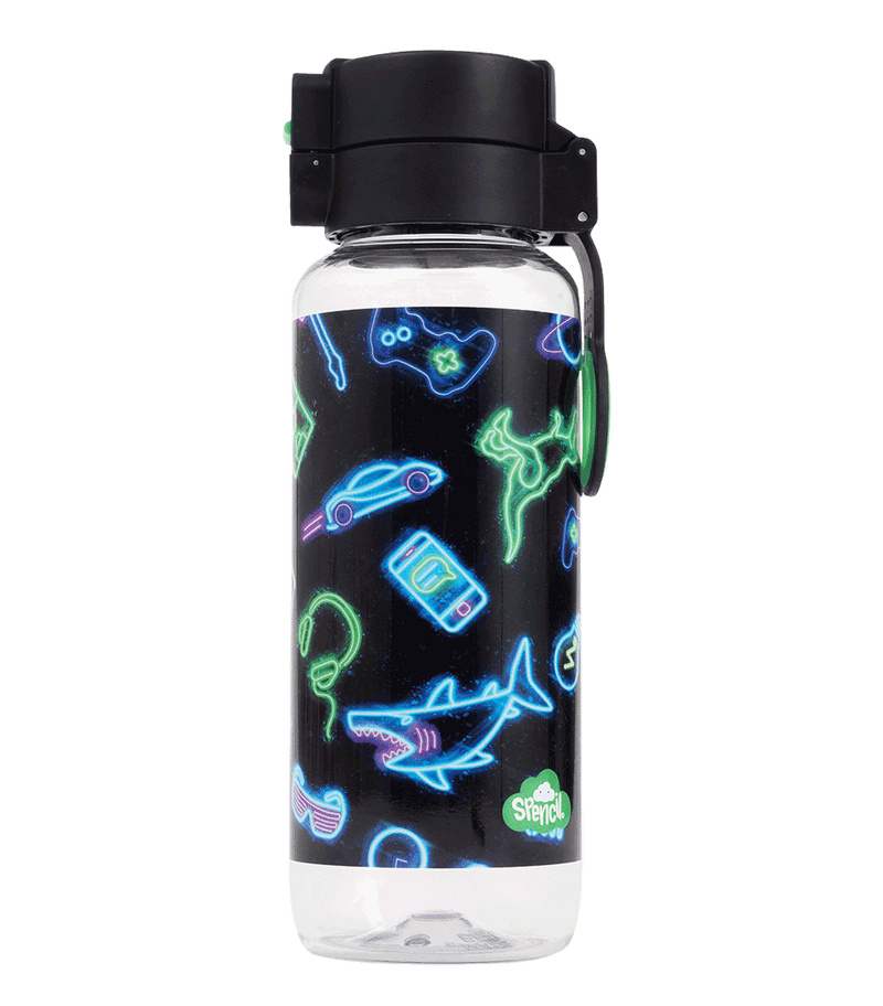 Spencil Neon Life Big Water Bottle 650ml, front view with the lid closed, neon sharks, game controllers and aliens on black, black lid