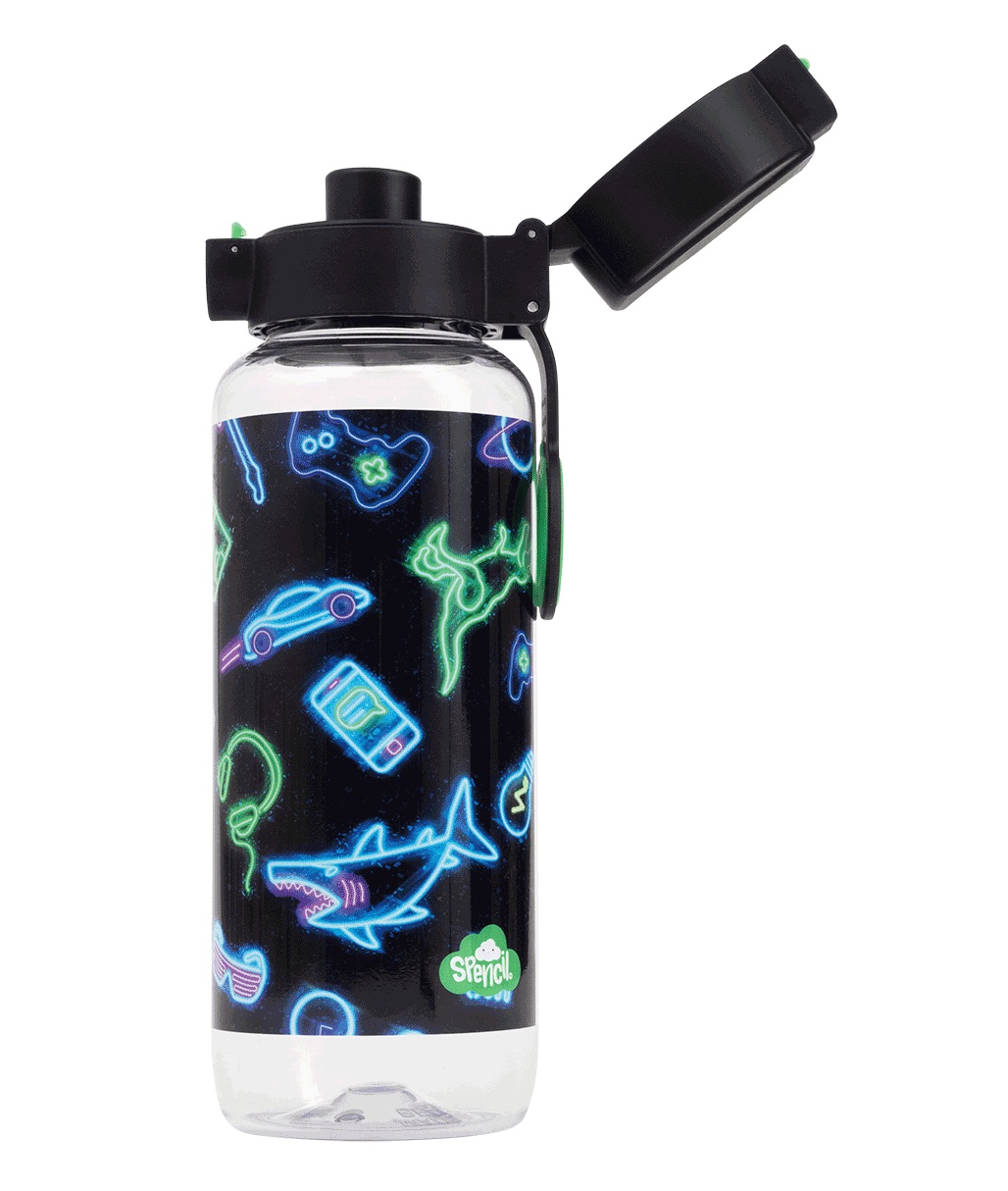 Spencil Neon Life Big Water Bottle 650ml, side view with the flip lid open showing the drinking spout, neon sharks, game controllers and aliens on black, black lid