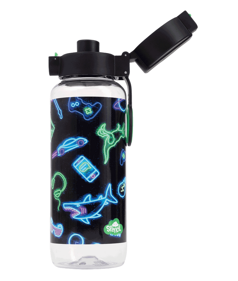 Spencil Neon Life Big Water Bottle 650ml, side view with the flip lid open showing the drinking spout, neon sharks, game controllers and aliens on black, black lid