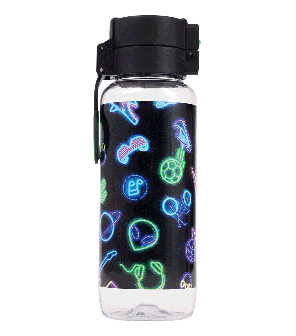 Spencil Neon Life Big Water Bottle 650ml, side view of the other face of the print with the lid closed, neon sharks, game controllers and aliens on black, black lid
