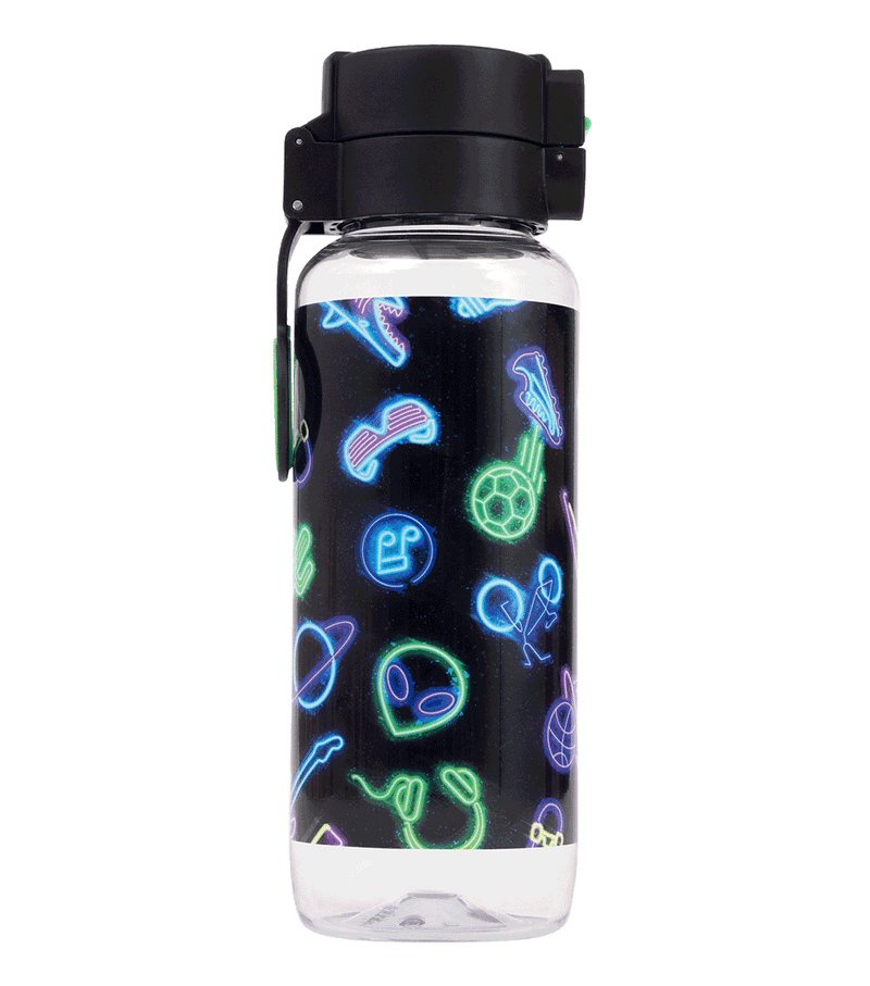 Spencil Neon Life Big Water Bottle 650ml, side view of the other face of the print with the lid closed, neon sharks, game controllers and aliens on black, black lid