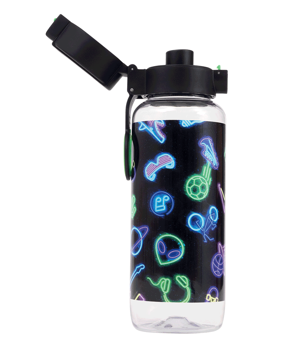 Spencil Neon Life Big Water Bottle 650ml, side view with the flip lid open showing the drinking spout, neon sharks, game controllers and aliens on black, black lid, alternate shot