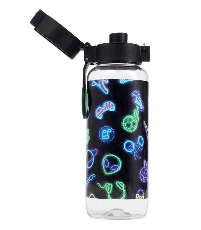 Spencil Neon Life Big Water Bottle 650ml, side view with the flip lid open showing the drinking spout, neon sharks, game controllers and aliens on black, black lid, alternate shot