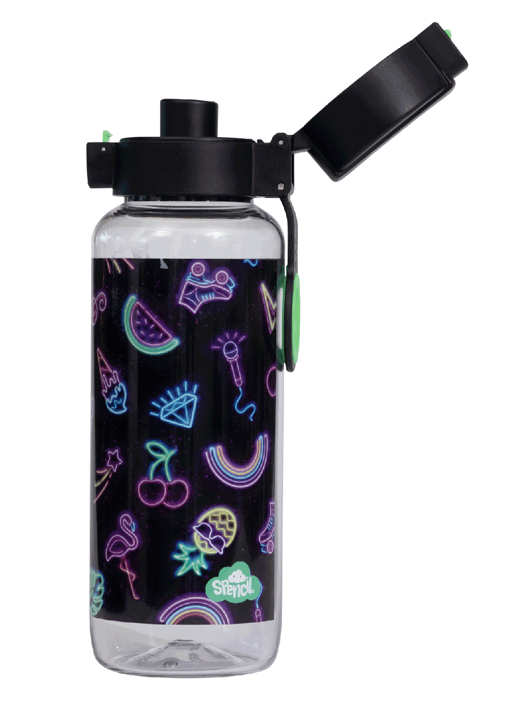 Spencil Neon Party Big Water Bottle 650ml, side view with the flip lid open showing the drinking spout, neon flamingos, fruit, rainbows and roller skates on black, black lid with green clip