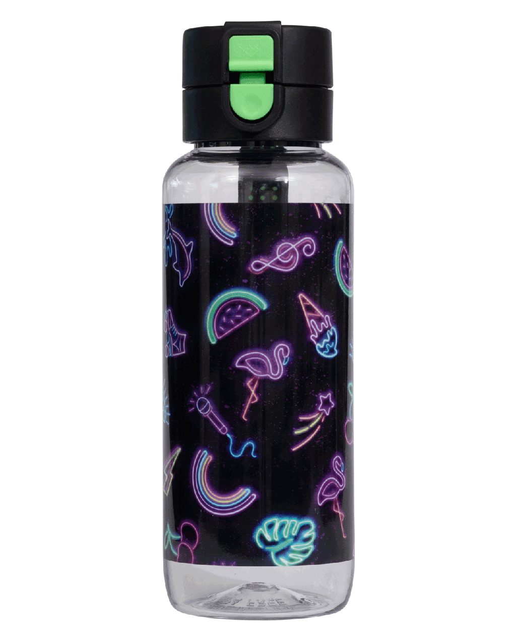 Spencil Neon Party Big Water Bottle 650ml, front view with the lid closed, neon flamingos, fruit, rainbows and roller skates on black, black lid with green clip