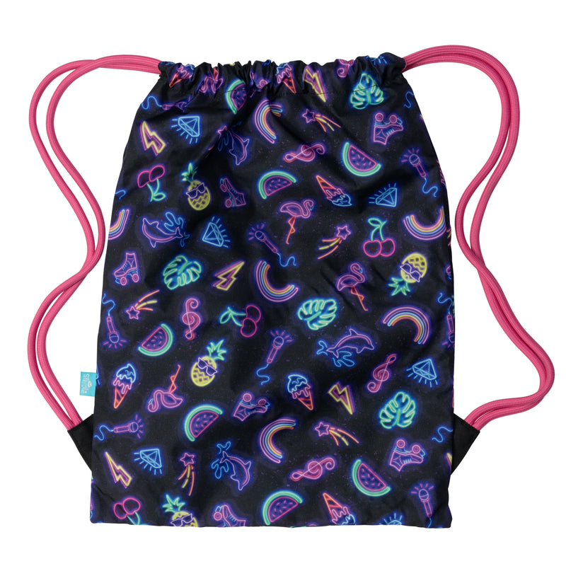 Spencil Neon Party Drawstring Bag reverse with neon rainbow, cherry and pineapple print