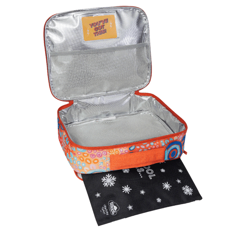 Spencil Ngootypoorteen Big Cooler Lunch Bag unzipped to show the silver insulated lining, with the Big Chill Pack in its black snowflake cover at the base