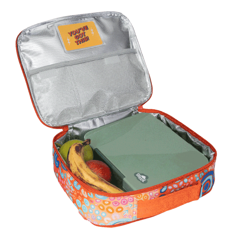 Spencil Ngootypoorteen Big Cooler Lunch Bag packed with a lunch box and fresh fruit to show capacity, lunch box and food not included