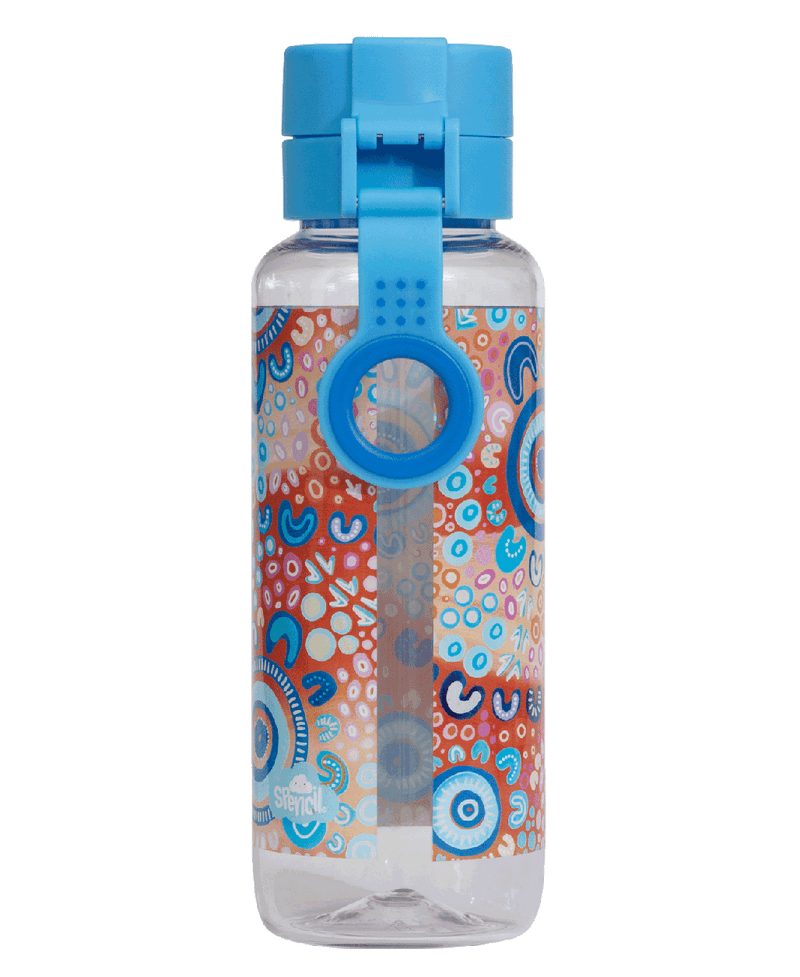 Spencil Ngootypoorteen Big Water Bottle 650ml, back view showing the carry strap and finger ring, Ngootypoorteen artwork in red, orange and cream with blue circles, light blue lid