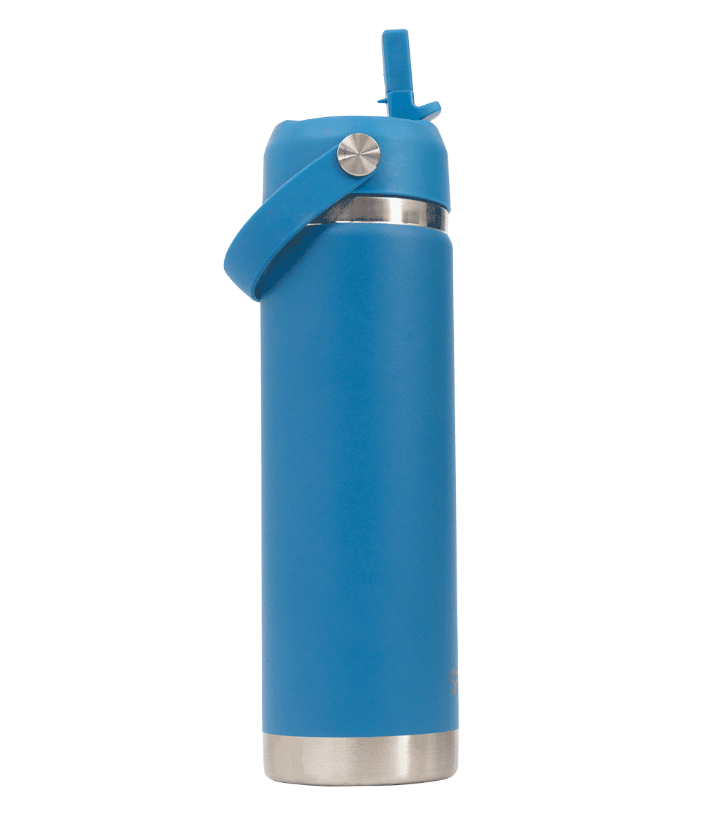 Spencil Pacific Big Insulated Water Bottle 650ml, side view with the spout flipped up, ocean blue powder coat with steel bands