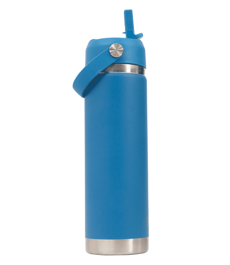 Spencil Pacific Big Insulated Water Bottle 650ml, side view with the spout flipped up, ocean blue powder coat with steel bands