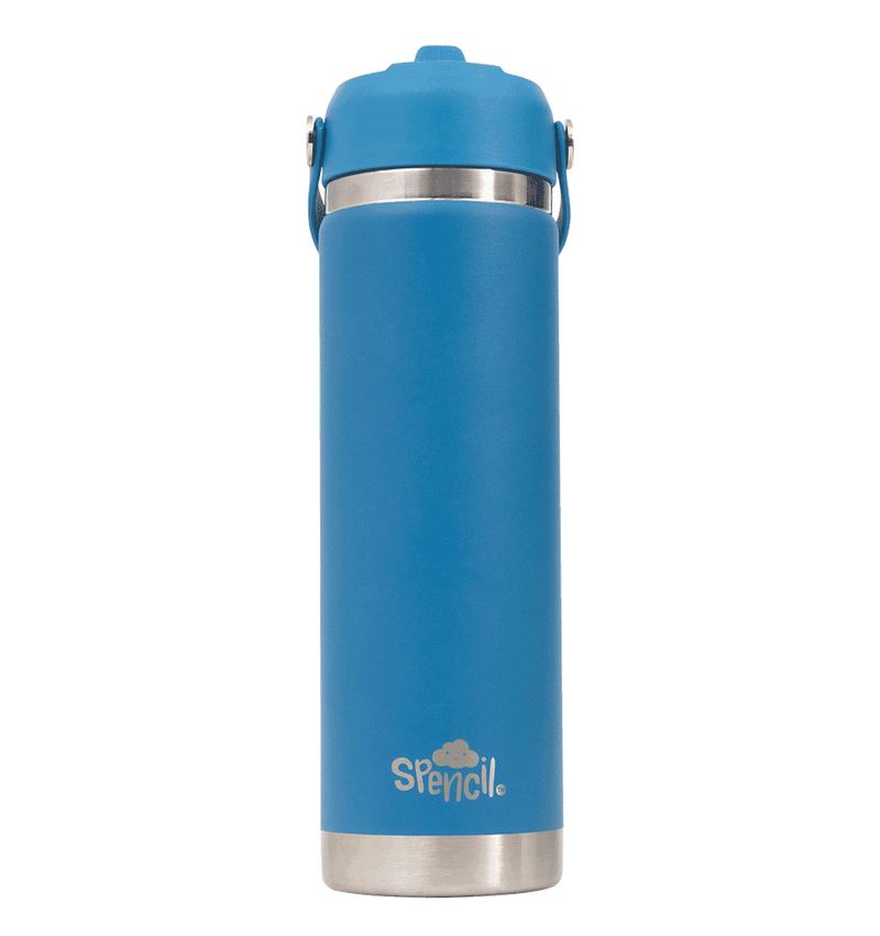 Spencil Pacific Big Insulated Water Bottle 650ml, front view with the handle folded down, ocean blue powder coat with steel bands