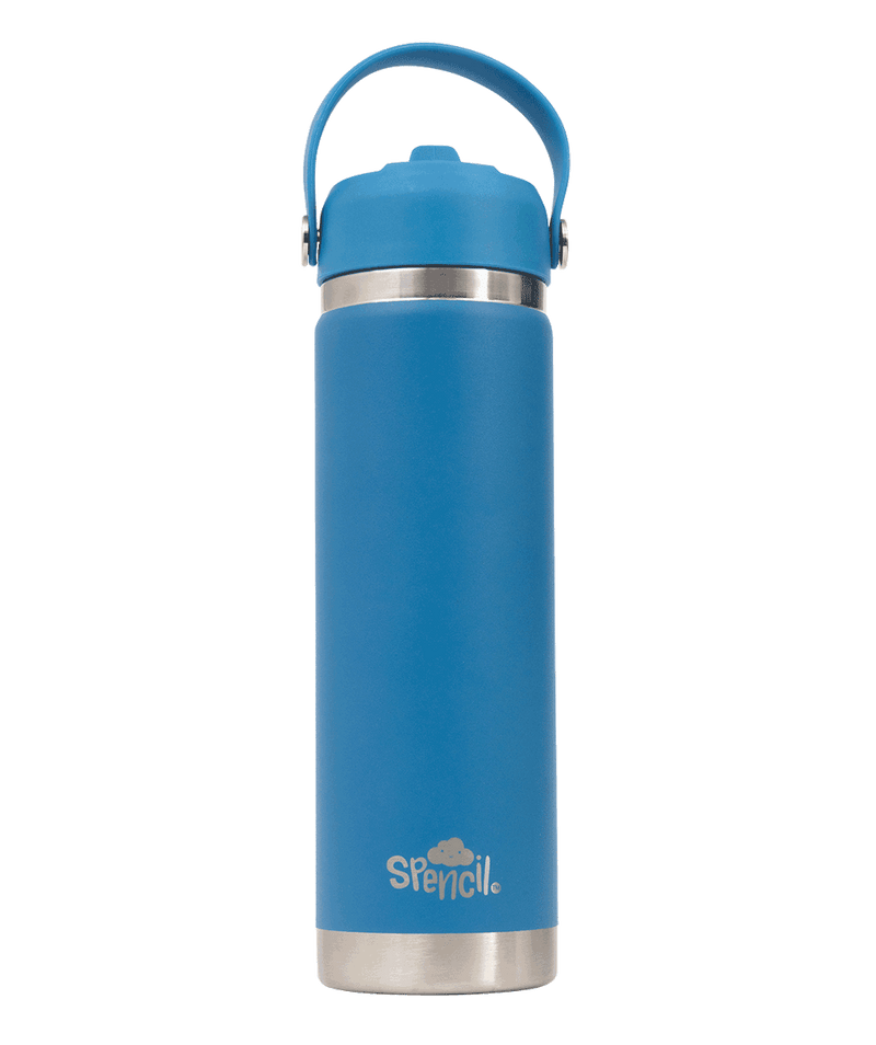 Spencil Pacific Big Insulated Water Bottle 650ml, front view with the carry handle raised and lid closed, ocean blue powder coat with steel bands, alternate shot