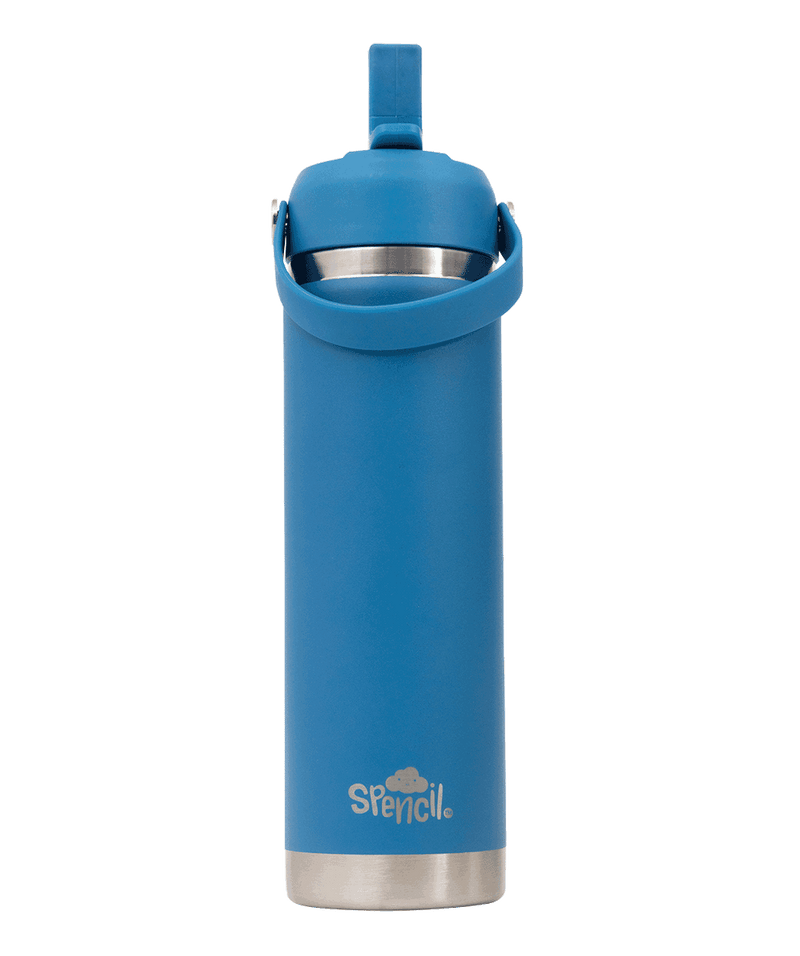 Spencil Pacific Big Insulated Water Bottle 650ml, front view with the straw spout flipped up, ocean blue powder coat with steel bands