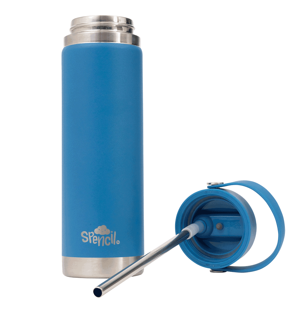 Spencil Pacific Big Insulated Water Bottle 650ml, with the lid off and the stainless steel straw laid beside the open bottle, ocean blue powder coat with steel bands