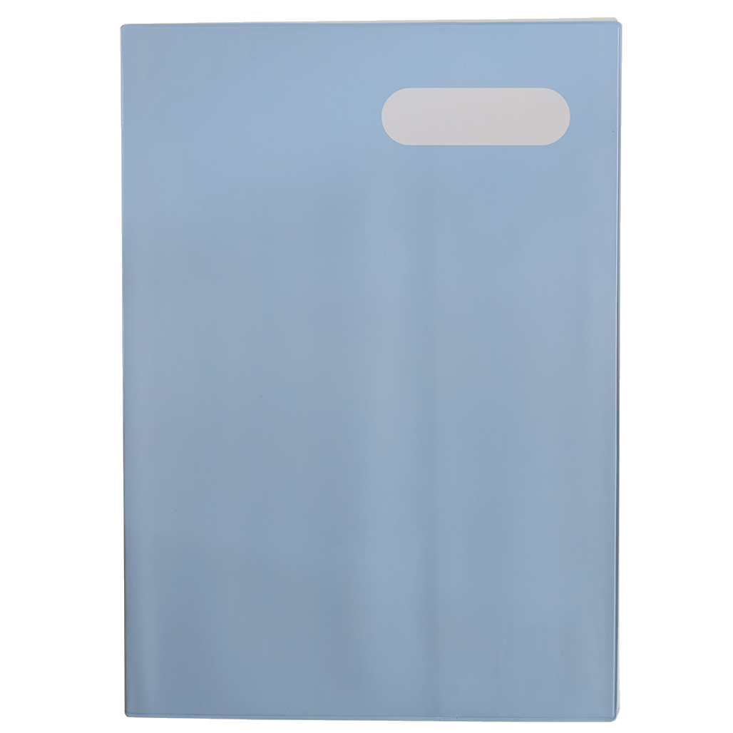 Spencil Powder Blue A4 Book Cover Pack of 6: front of cover on a book, plain pale powder blue cover, with name and subject label