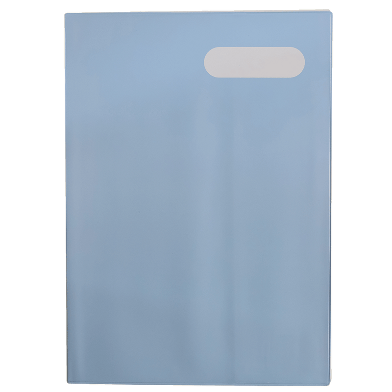 Spencil Powder Blue A4 Book Cover Pack of 6: front of cover on a book, plain pale powder blue cover, with name and subject label