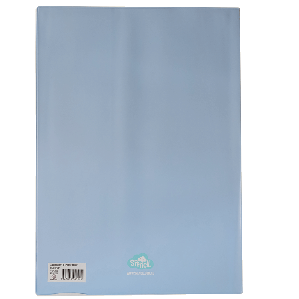 Spencil Powder Blue A4 Book Cover Pack of 6: back of cover on a book, plain pale powder blue cover, showing the Spencil logo