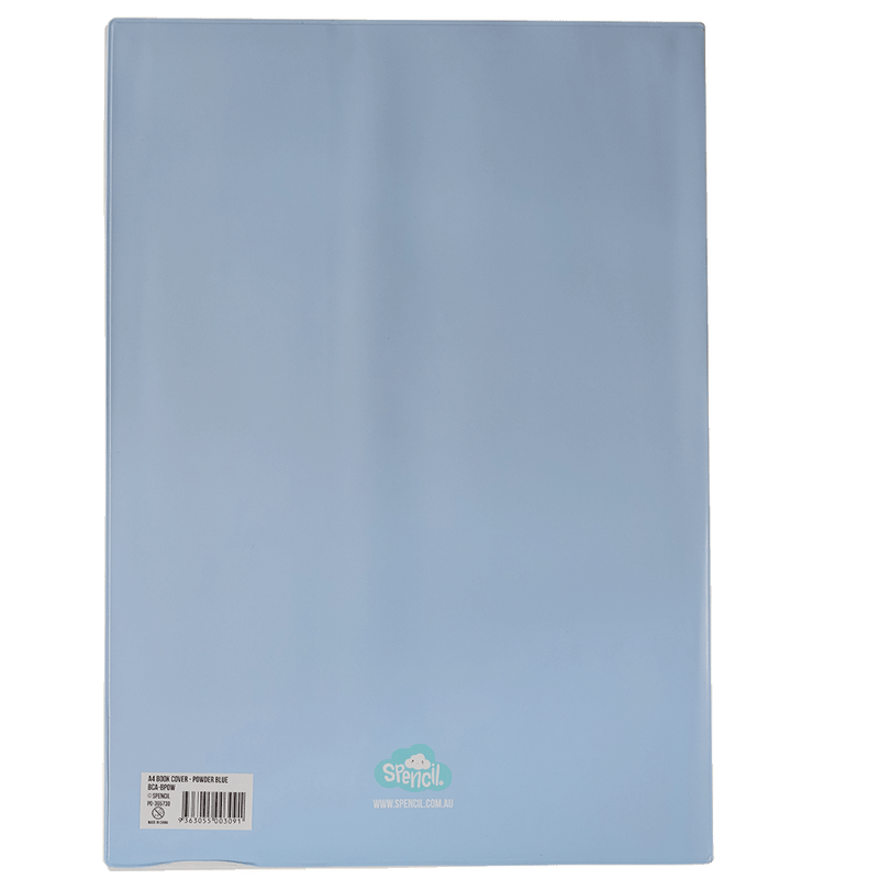 Spencil Powder Blue A4 Book Cover Pack of 6: back of cover on a book, plain pale powder blue cover, showing the Spencil logo