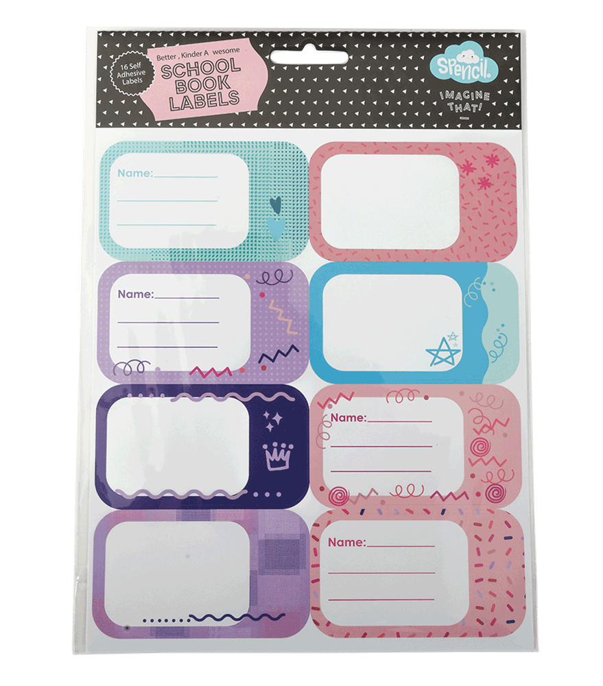 Front of the Spencil Pretty Pastels School Book Labels hang-sell pack of 16 self-adhesive name labels, artwork: soft mint, pink, lilac, sky blue and indigo labels with crowns, stars, hearts and squiggles