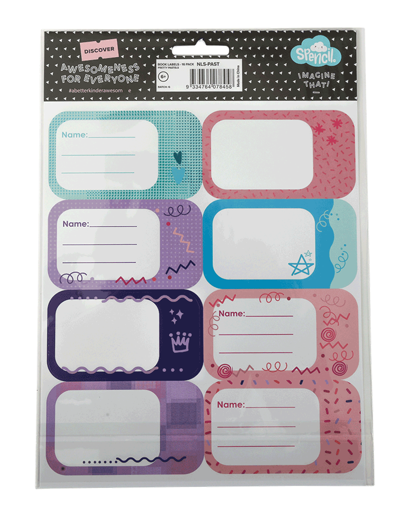 Back of the Spencil Pretty Pastels School Book Labels pack with the barcode panel above the labels, artwork: soft mint, pink, lilac, sky blue and indigo labels with crowns, stars, hearts and squiggles