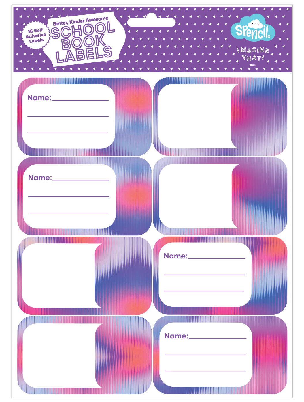 Front of the Spencil Prism Pop School Book Labels hang-sell pack of 16 self-adhesive name labels, artwork: blurred gradient stripes in pink, coral, violet and blue