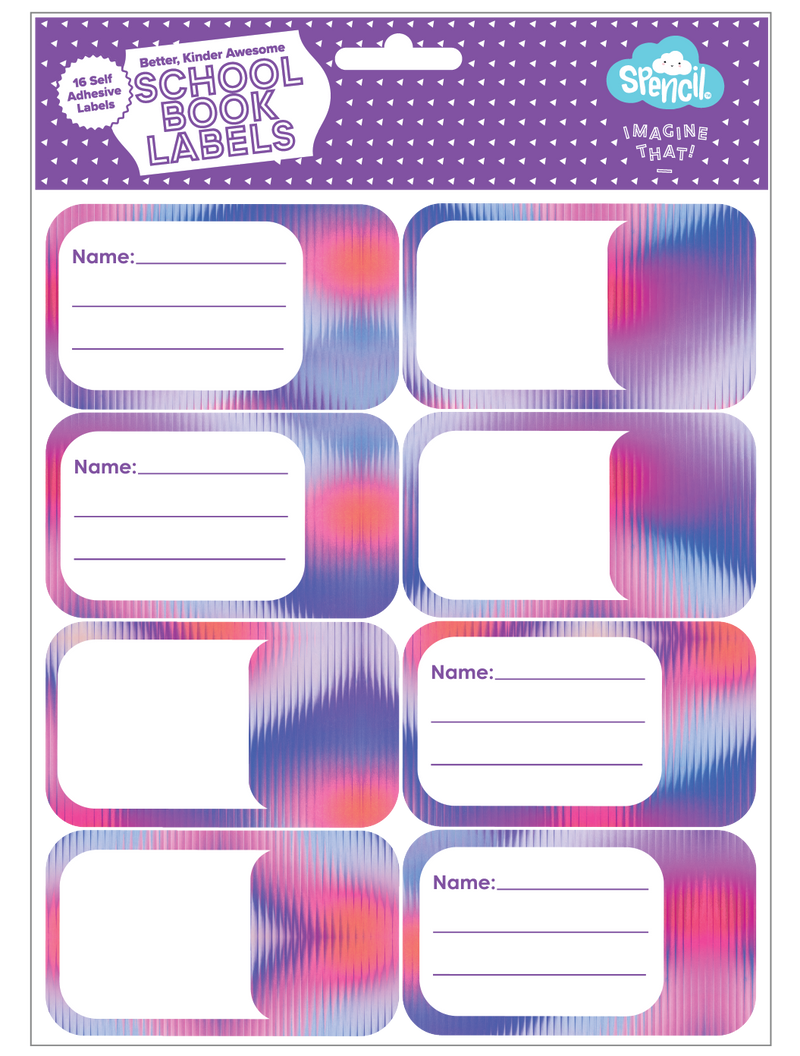 Front of the Spencil Prism Pop School Book Labels hang-sell pack of 16 self-adhesive name labels, artwork: blurred gradient stripes in pink, coral, violet and blue