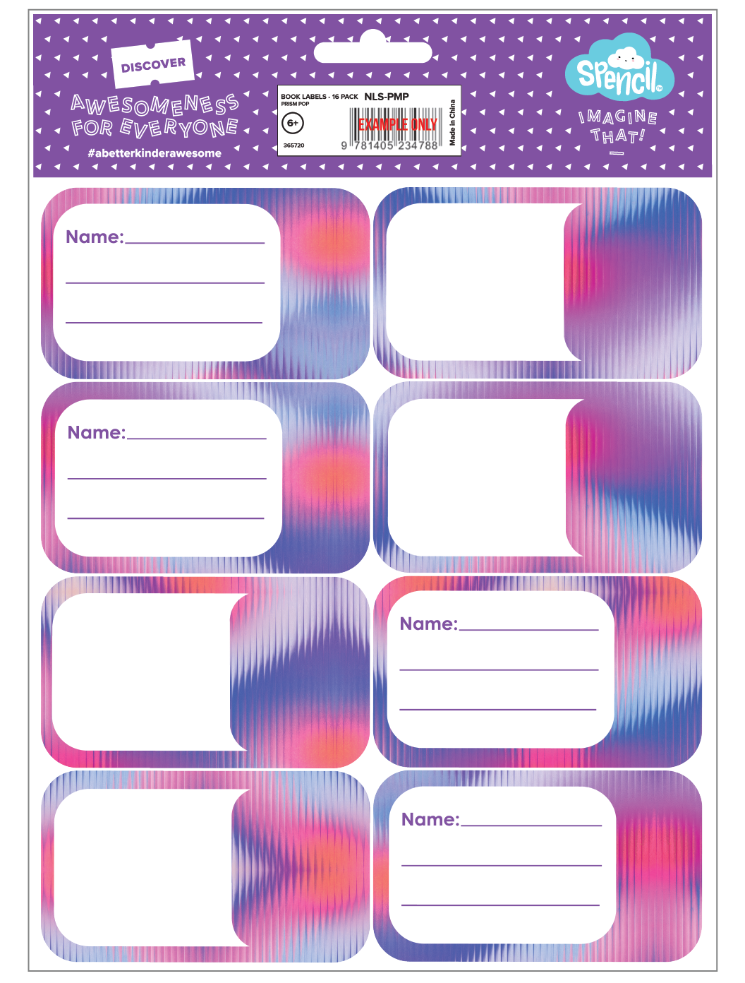 Back of the Spencil Prism Pop School Book Labels pack with the barcode panel above the labels, artwork: blurred gradient stripes in pink, coral, violet and blue