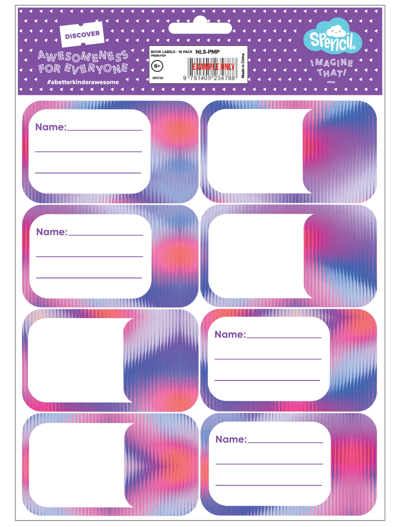 Back of the Spencil Prism Pop School Book Labels pack with the barcode panel above the labels, artwork: blurred gradient stripes in pink, coral, violet and blue