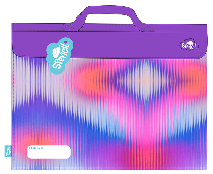 Front of the Spencil Prism Pop library bag showing a blurred neon gradient of pink, purple, blue and orange with fine ribbed lines, with the top carry handle, fold-over flap and white name pocket at the lower left