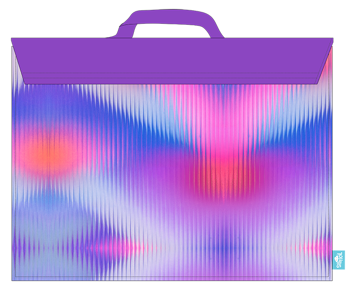 Back of the Spencil Prism Pop library bag with the neon prism gradient print running across the panel beneath the plain fold-over flap and top handle
