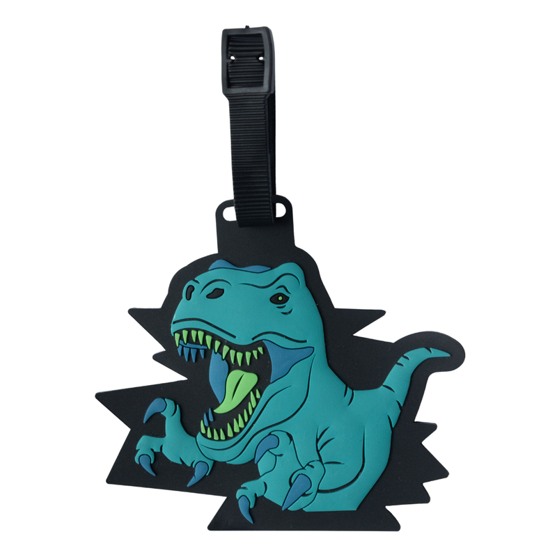 Spencil Raptor Rampage Bag Tag, front view showing the roaring teal T-rex on a jagged black backing