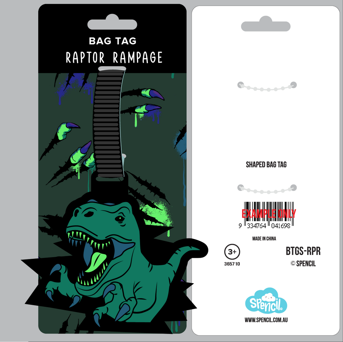 Spencil Raptor Rampage Bag Tag on its Spencil hang-sell card with Raptor Rampage packaging artwork