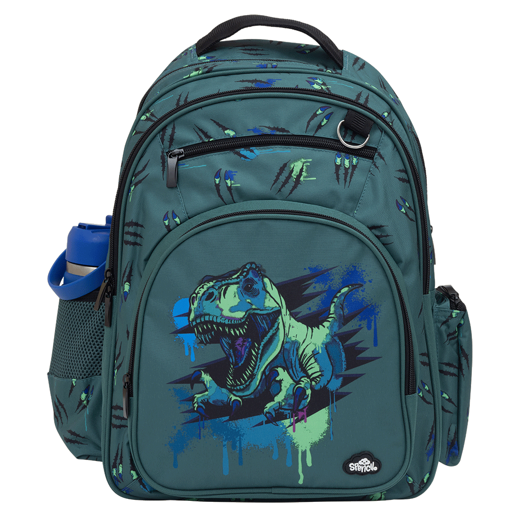 Spencil Raptor Rampage Big Kids Backpack, front with a drink bottle in the side pocket, blue and lime raptor dinosaur on slate teal