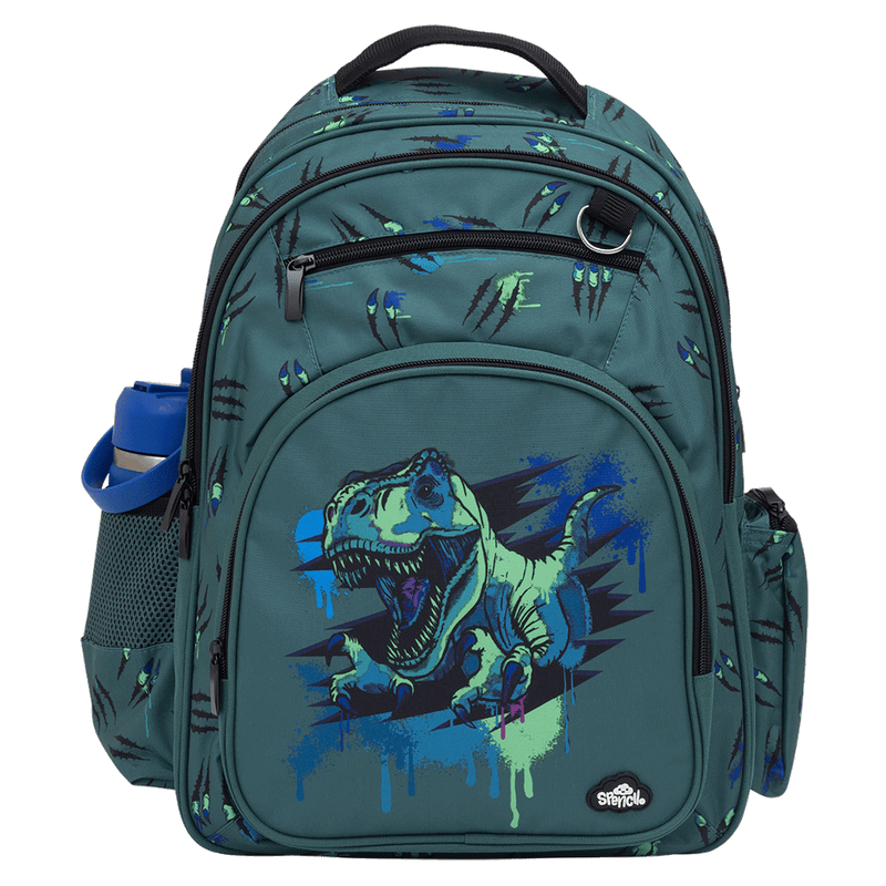 Spencil Raptor Rampage Big Kids Backpack, front with a drink bottle in the side pocket, blue and lime raptor dinosaur on slate teal
