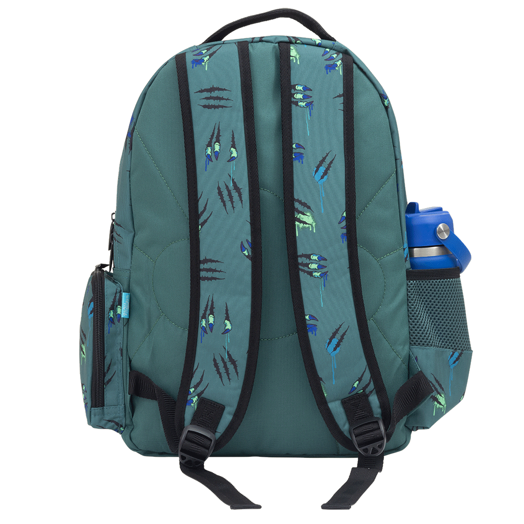 Spencil Raptor Rampage Big Kids Backpack, back view with padded straps, blue and lime raptor dinosaur on slate teal
