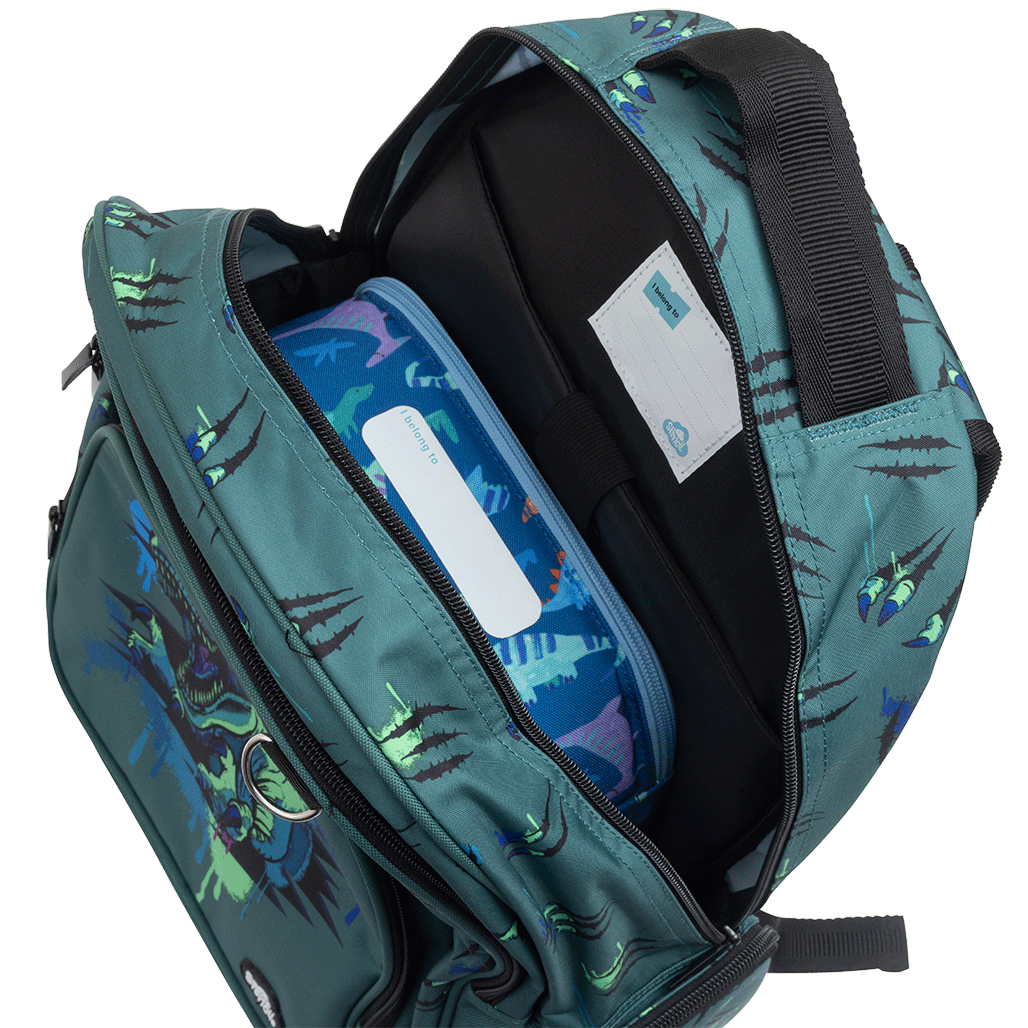 Spencil Raptor Rampage Big Kids Backpack, open main compartment showing the padded device sleeve, blue and lime raptor dinosaur on slate teal